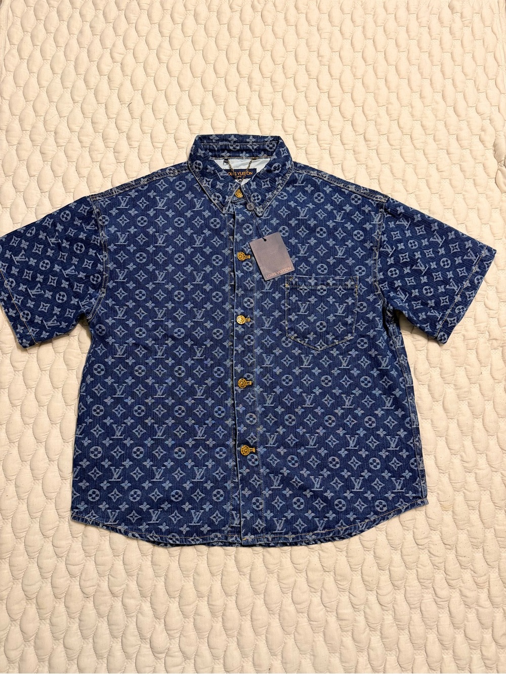 Louis Vuitton Blue Monogram Denim Short Sleeve Button-Front Shirt